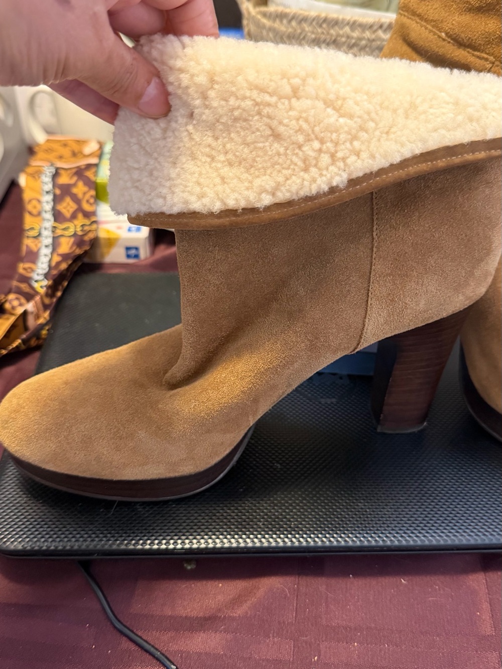 UGG Chestnut Suede Shearling-Cuff High Heel Ankle Boots
